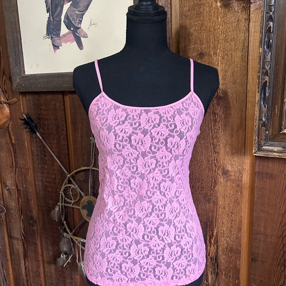 Y2K Pink Babydoll FairyCore Lace Camisole Cami Sheer Coquette Mesh Medium